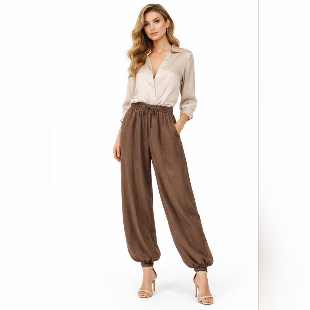 Johnny Was Brown Silk Blend Jogger Pants NWT Size L Boho